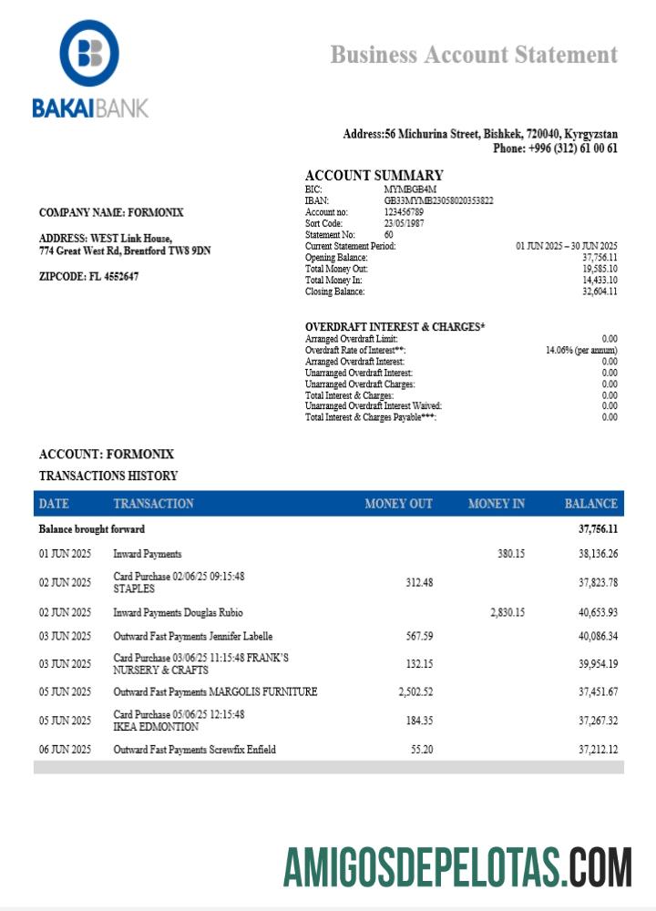 Em branco OJSC Bakai Organization Checking modelo de extrato de conta Word e PDF (1)